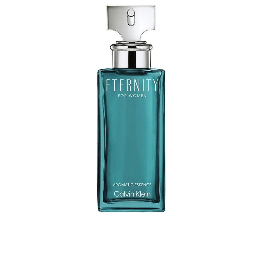 Türkisfarbener Flakon. Aufschrift: Eternity for Women, Aromatic Essence, Calvin Klein. Silberner Verschluss.