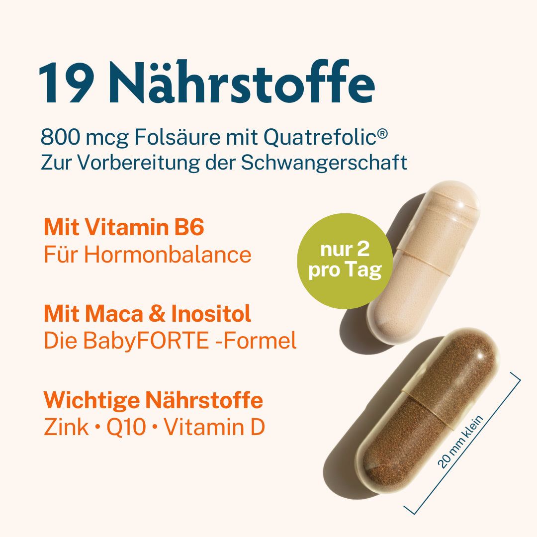 Zwei Kapseln, eine braun, eine beige. Text: 19 Nährstoffe, 800 mcg Folsäure, Mit Vitamin B6, Mit Maca & Inositol, Zink, Q10, Vitamin D.