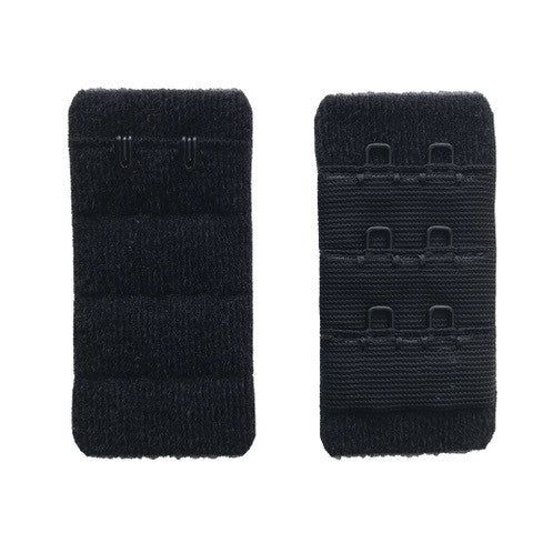 Zwei schwarze BH-Verlängerungen. Eine mit zwei Haken, die andere mit drei Haken. Aus Stoff.