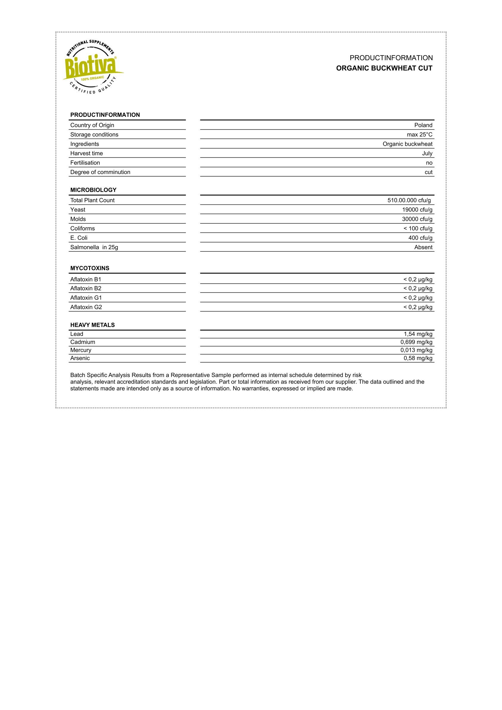 Weißes Blatt mit Tabellen. Produktinformationen, Herkunft, Lagerbedingungen, Erntezeit, Mikrobiologie, Schwermetalle.