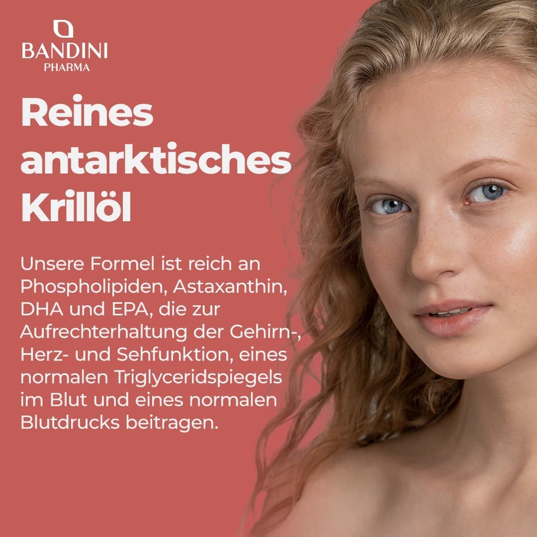 Porträt einer Frau. Text: Reines antarktisches Krillöl. Formel reich an Phospholipiden, Astaxanthin, DHA und EPA.