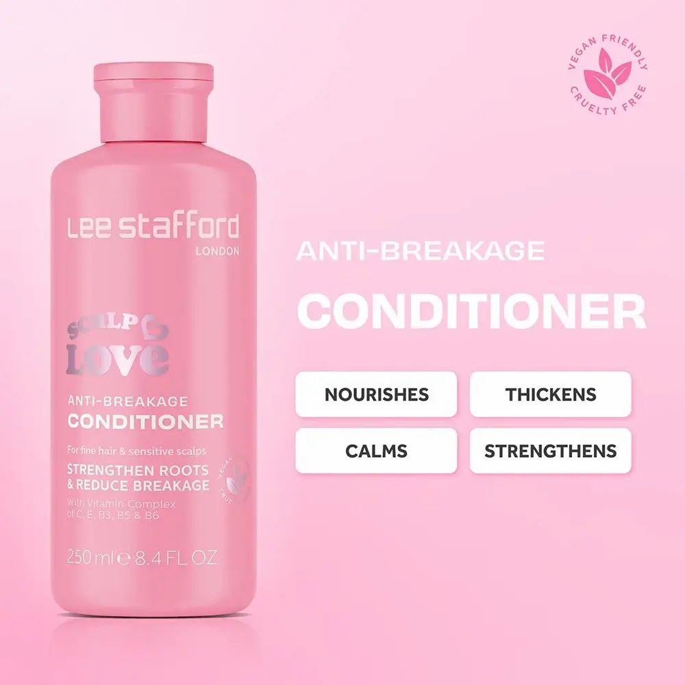 Eine rosa Flasche Lee Stafford Anti-Breakage Conditioner mit veganem und tierversuchsfreiem Siegel.