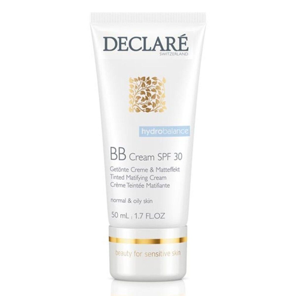 Weiße Tube mit Declare-Logo und Aufschrift BB Cream SPF 30. Enthält 50 ml. Für normale bis fettige Haut.