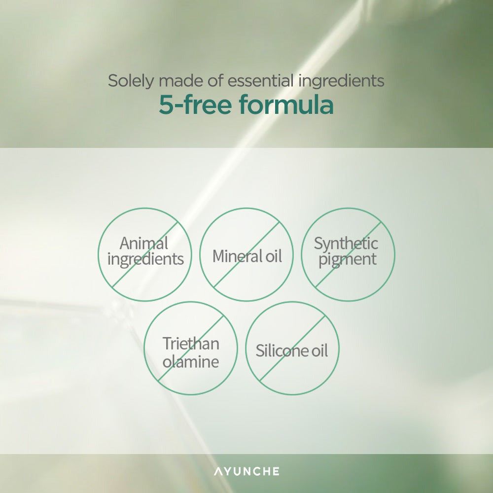 AYUNCHE 5-free Formel: Frei von tierischen Inhaltsstoffen, Mineralöl, synthetischen Pigmenten, Triethanolamin, Silikonöl.