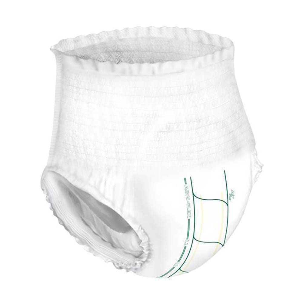 Weiße Inkontinenzhose. Elastischer Bund und Beinabschlüsse. Grüne und gelbe Markierungen.