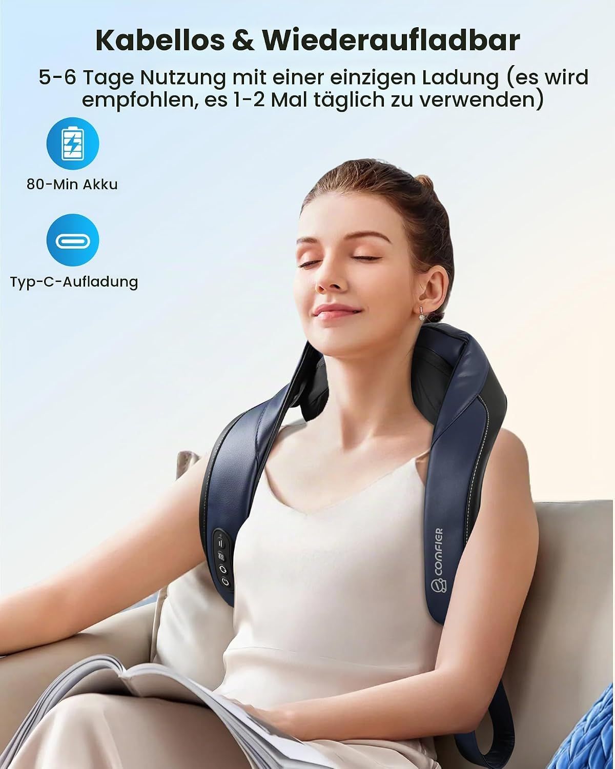 Frau mit geschlossenen Augen, die ein Nackenmassagegerät mit Heizfunktion trägt.