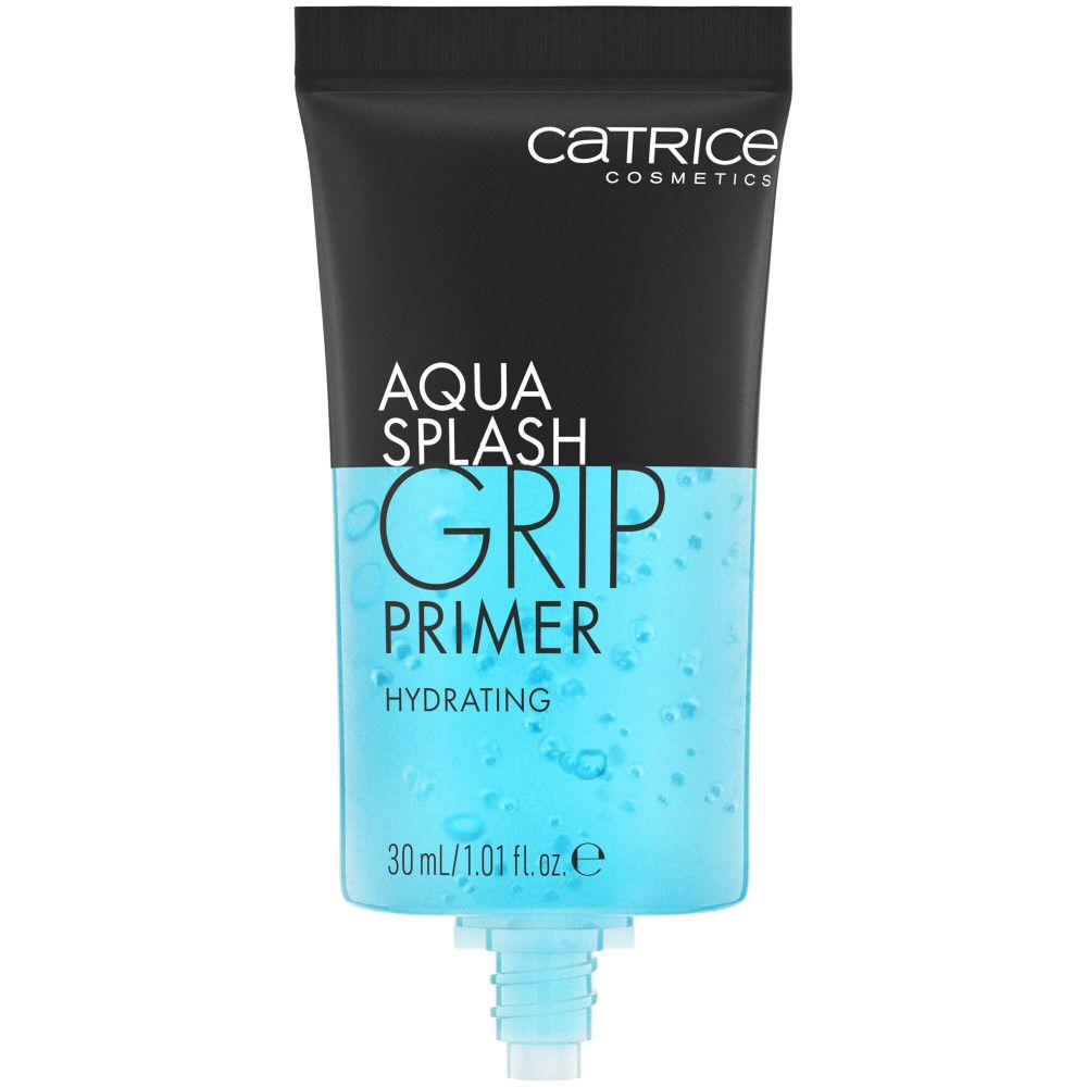 Tube mit schwarzem Deckel und blauem Körper. Aufschrift: Aqua Splash Grip Primer Hydrating. Marke: Catrice Cosmetics. Unten: 30 ml/1.01 fl.oz.e.