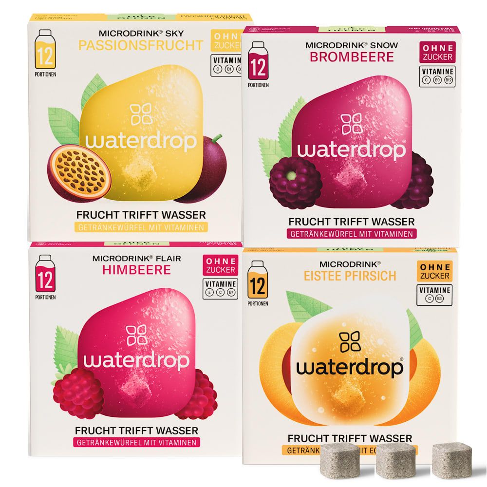 Vier Kartons waterdrop® Microdrink Sommer Quartett. Jedes zeigt eine andere Geschmacksrichtung mit Früchten und Würfeln.