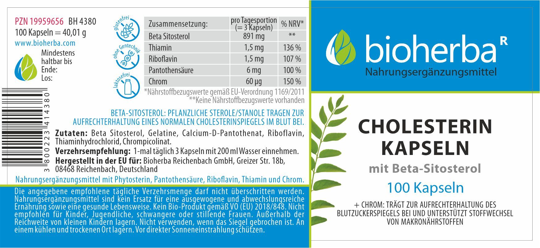 Bioherba Cholesterin Kapseln, 100 Stück. Produktetikett mit Inhaltsstoffen und Nährwertangaben. Grün-weißes Design.