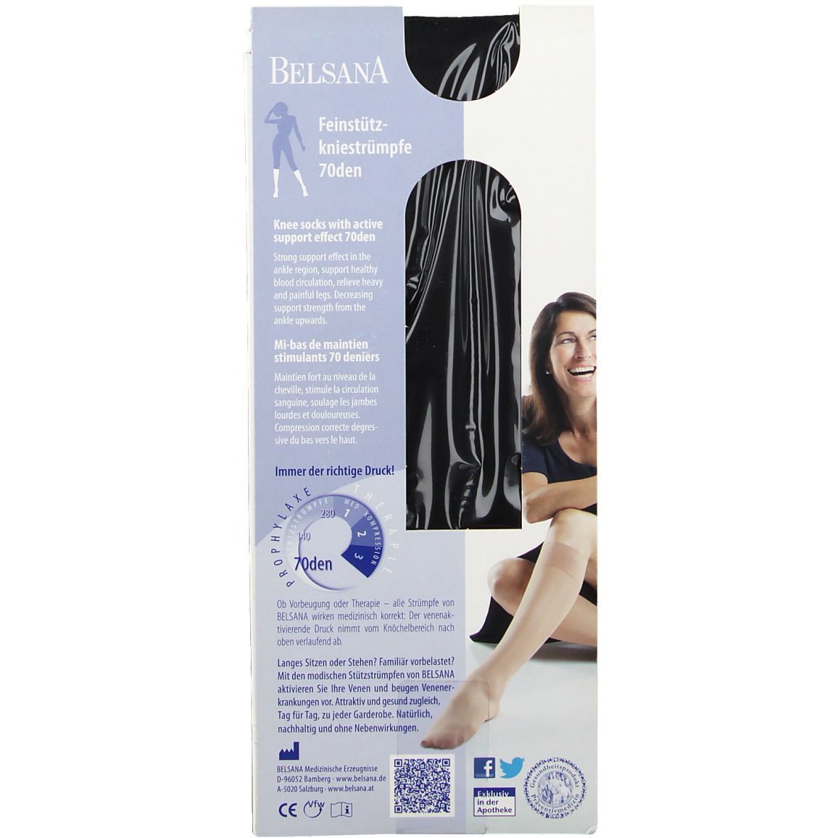 Belsana Feinstützkniestrümpfe 70den, Lava. Verpackung mit Produktabbildung, Text und einer Frau, die Strümpfe trägt.