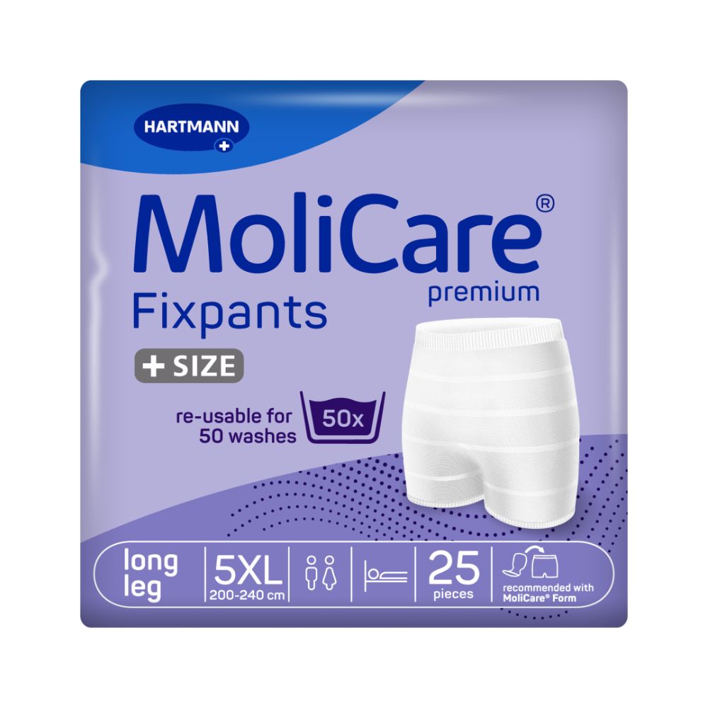 Verpackung mit MoliCare Fixpants. Weiße Fixierhosen, wiederverwendbar für 50 Wäschen. Größe 5XL, 25 Stück. Empfohlen mit MoliCare Form.