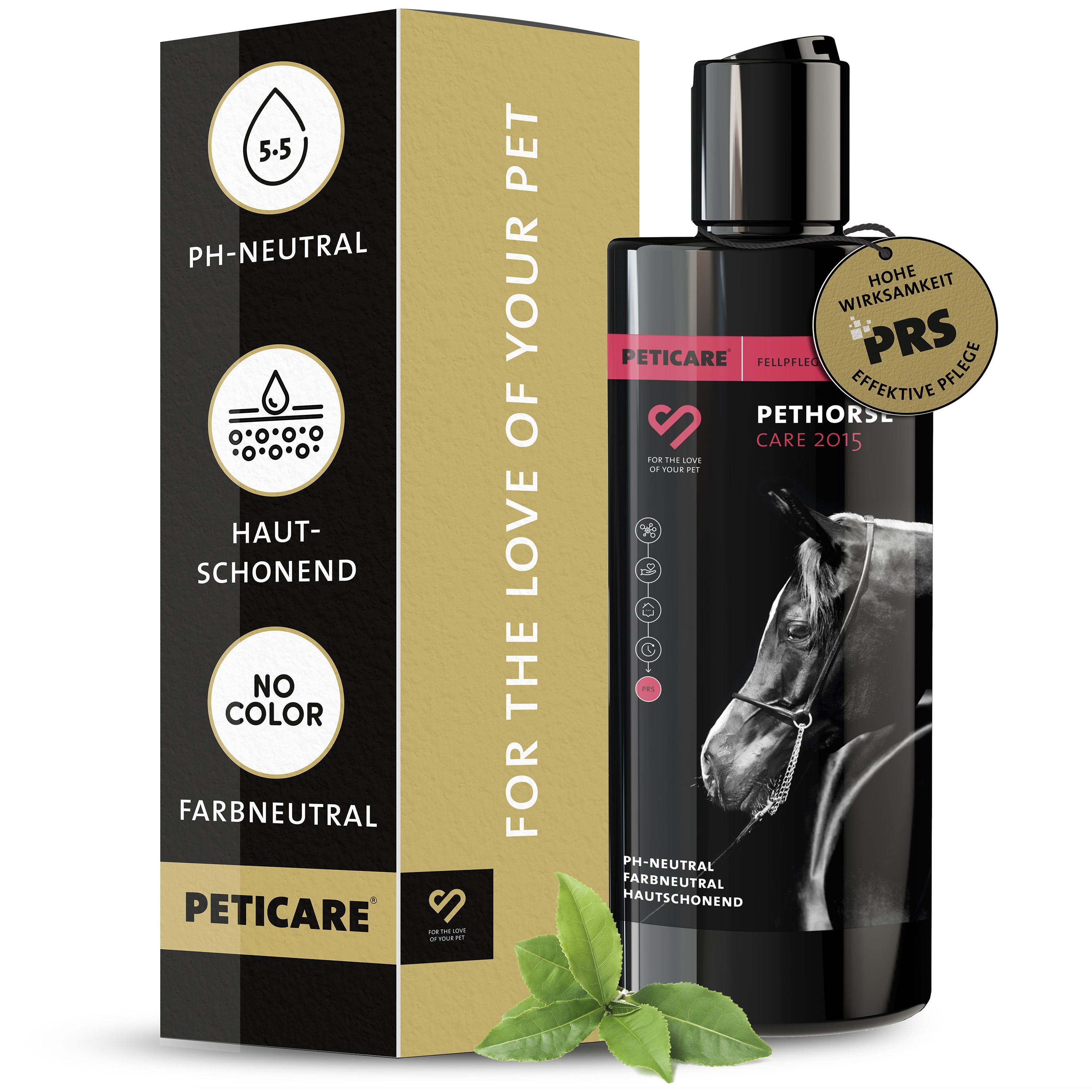 Peticare Pferde Shampoo. Flasche und Verpackung. pH-neutral, farbneutral, hautschonend. Mit PRS-Siegel. Blattwerk.