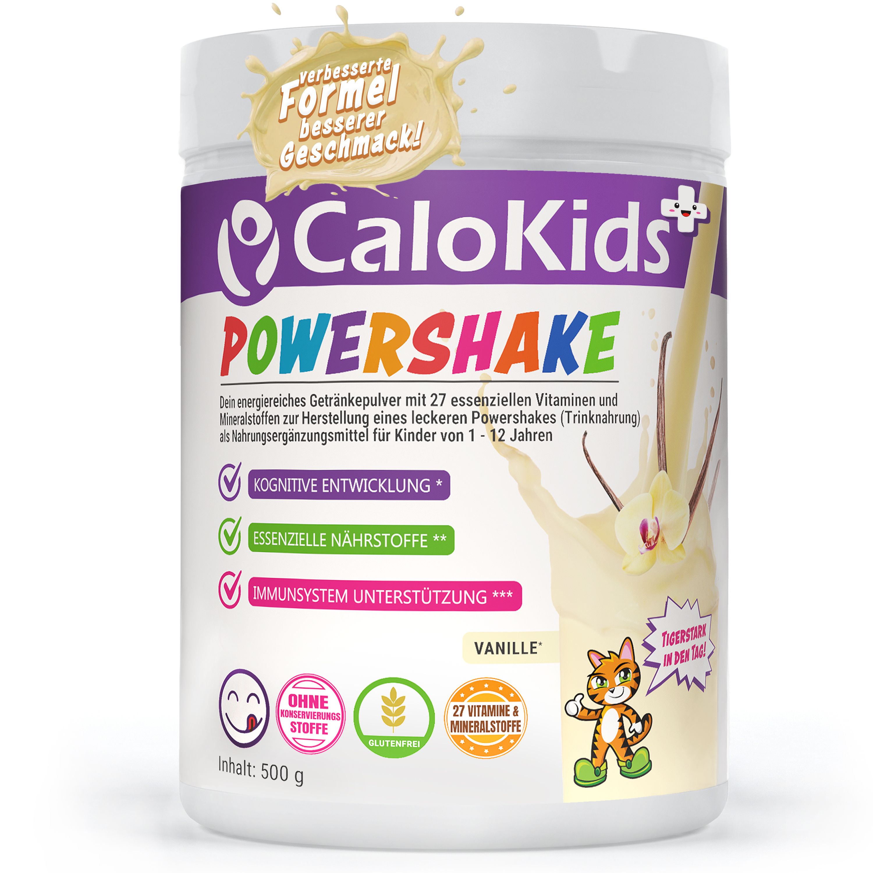Behälter CaloKids PowerShake, Text: Trinknahrung, 27 Vitamine & Mineralstoffe, Vanille, für Kinder von 1-12 Jahren.