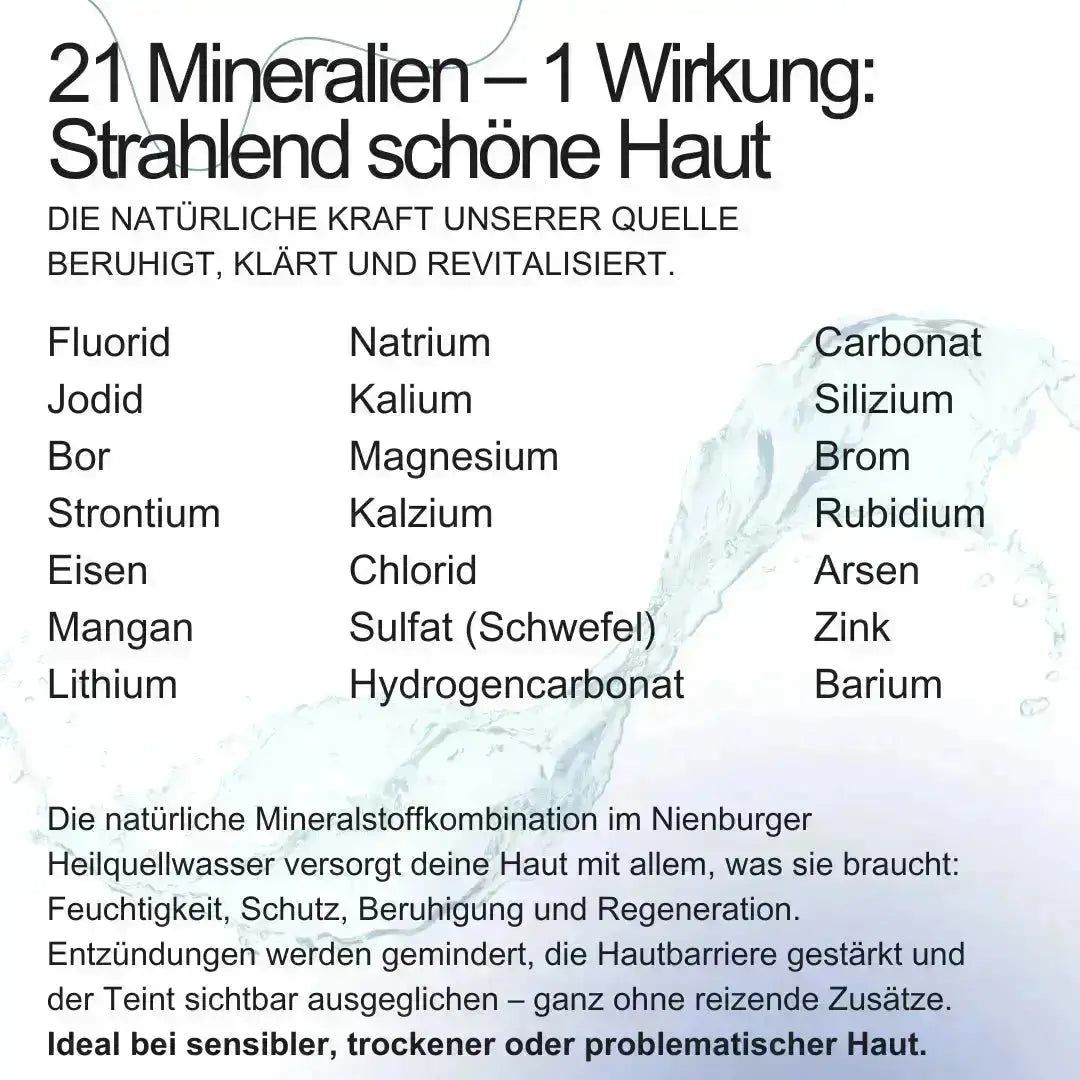 Text mit Mineralienliste. 21 Mineralien - 1 Wirkung. Strahlend schöne Haut. Ideal bei sensibler, trockener oder problematischer Haut.