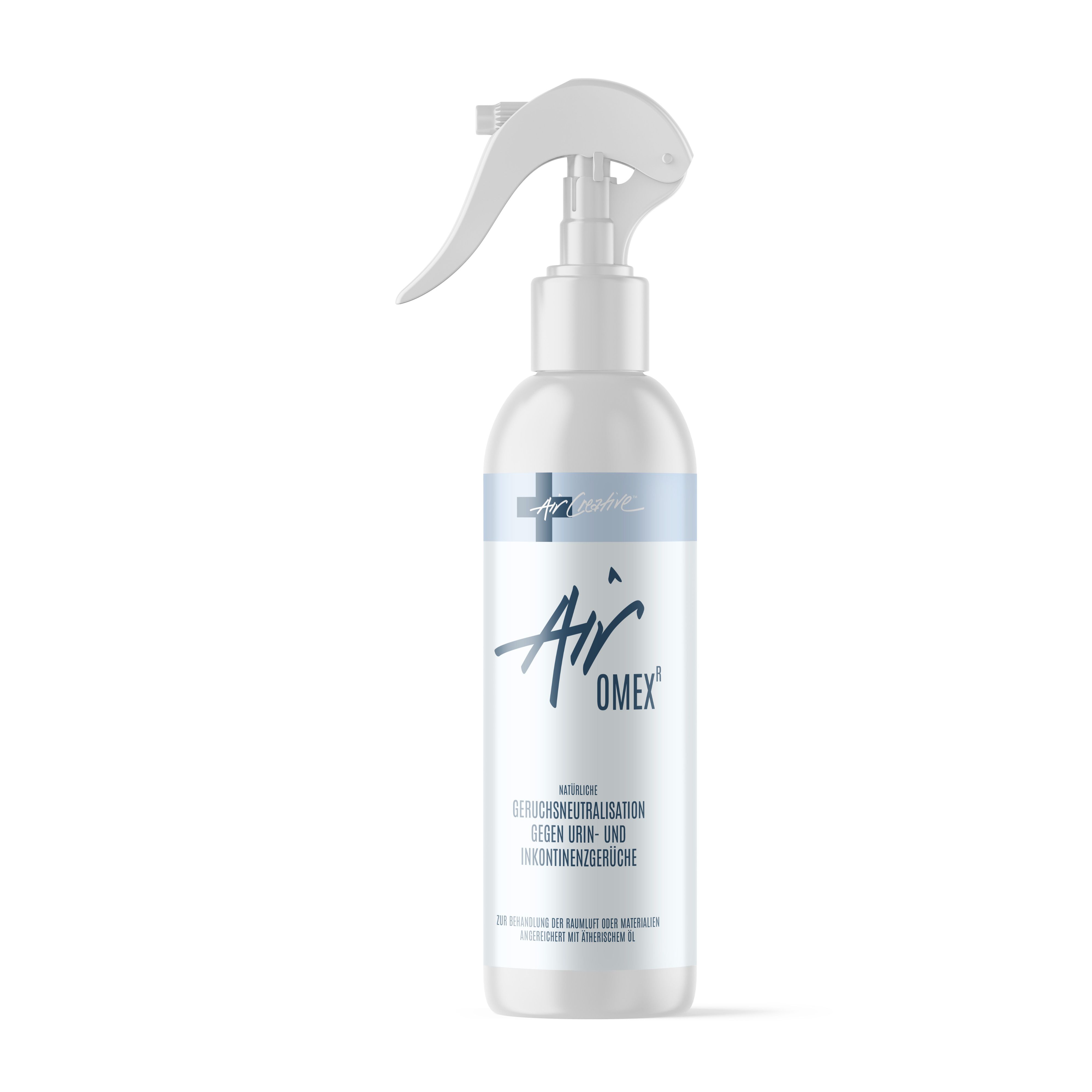 Weiße Sprühflasche mit blauem Etikett. Aufschrift: Air Omex, Geruchsneutralisation gegen Urin- und Inkontinenzgerüche. Mit Bio-Duft.