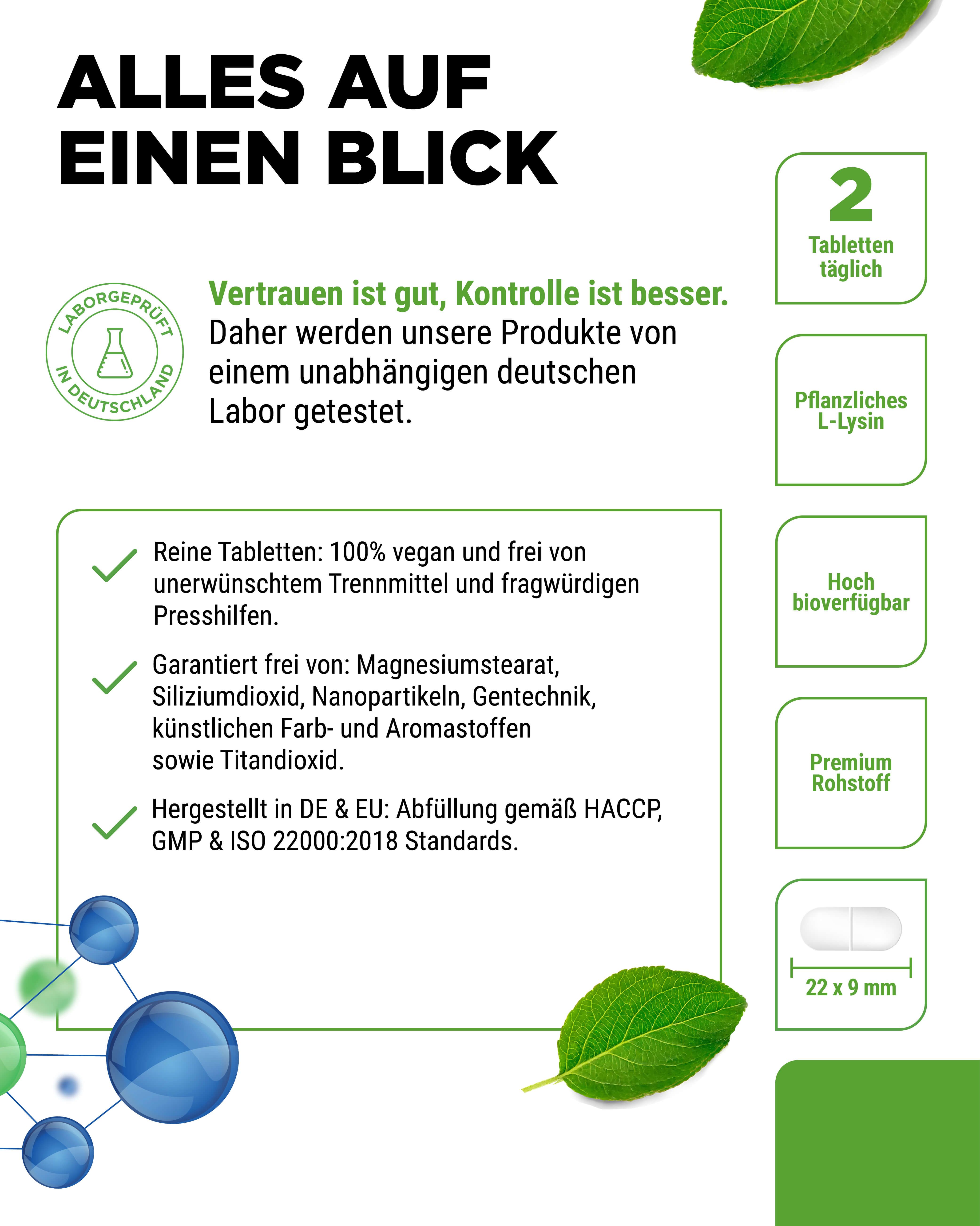Infografik. Text: Alles auf einen Blick. 2 Tabletten täglich. Laborgeprüft. Reine Tabletten. Hergestellt in DE & EU. Tabletten: 22 x 9 mm.