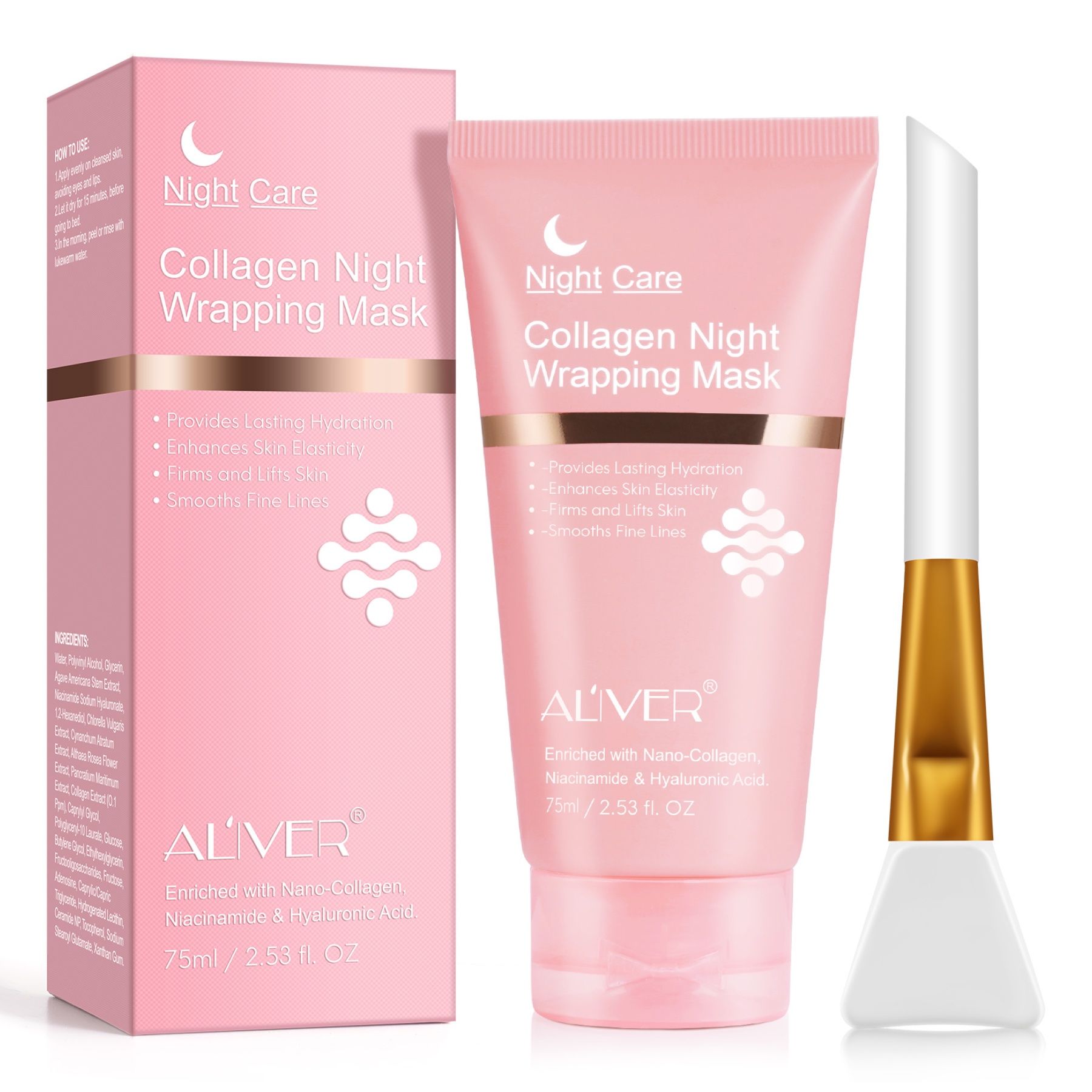 Rosa Verpackung mit Tube, Pinsel. Text: Night Care, Collagen Night Wrapping Mask, ALIVER.