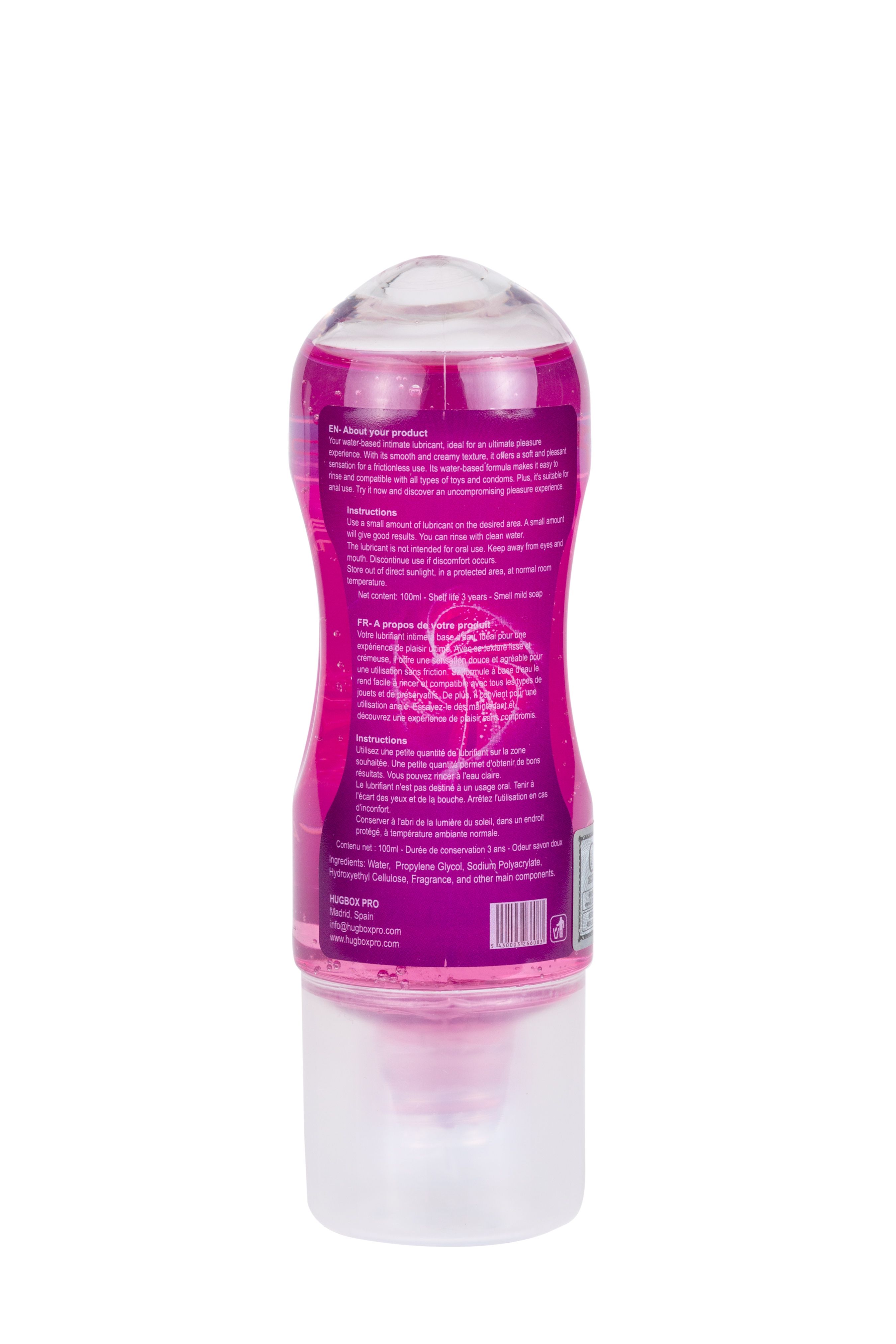 Flasche mit rosa Flüssigkeit. Transparenter Deckel. Text auf Etikett.