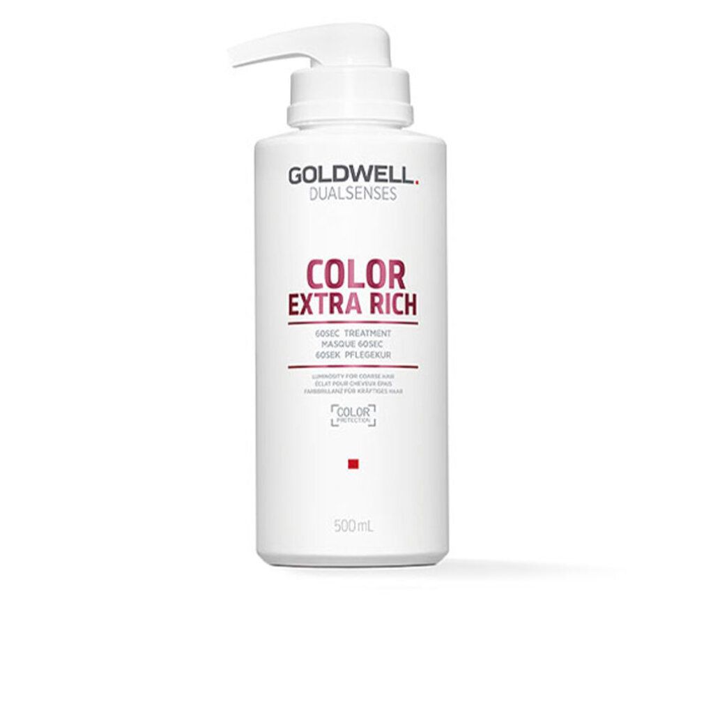 Weiße Flasche mit Pumpe. Aufschrift: GOLDWELL DUALSENSES COLOR EXTRA RICH. 500ml. Roter Farbklecks.