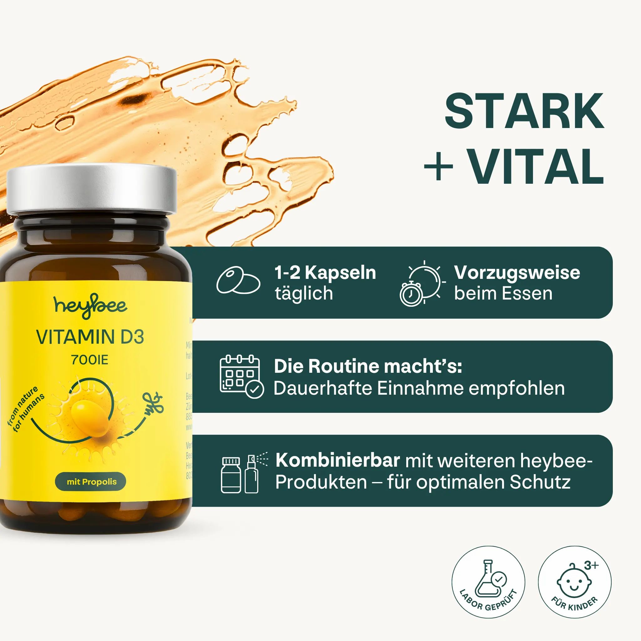 Braune Glasflasche mit gelbem Etikett. Aufschrift: Heybee Vitamin D3 700IE + Propolis. Einnahme: 1-2 Kapseln täglich.