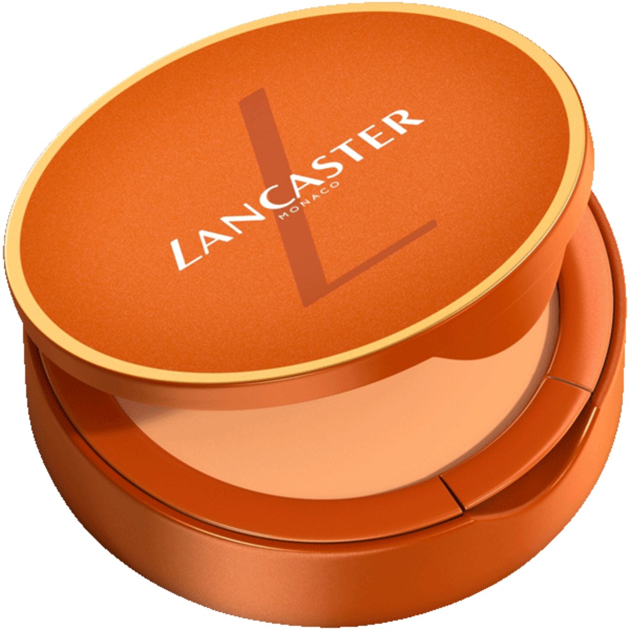 Geöffnete, orangefarbene Kompakt-Sonnencreme. Deckel mit LANCASTER-Logo. Innen: getönte Creme. Goldfarbener Rand.