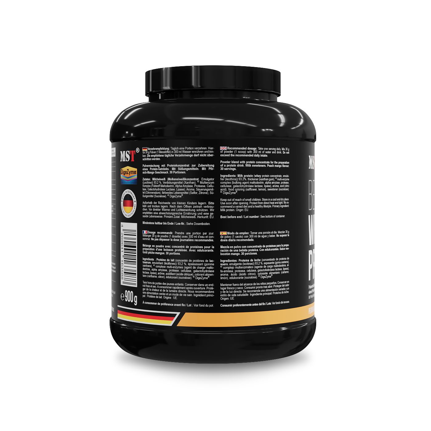 Schwarze Dose mit Nährwertangaben und Text in Deutsch, Englisch, Französisch und Italienisch. 900g, 30 Portionen.