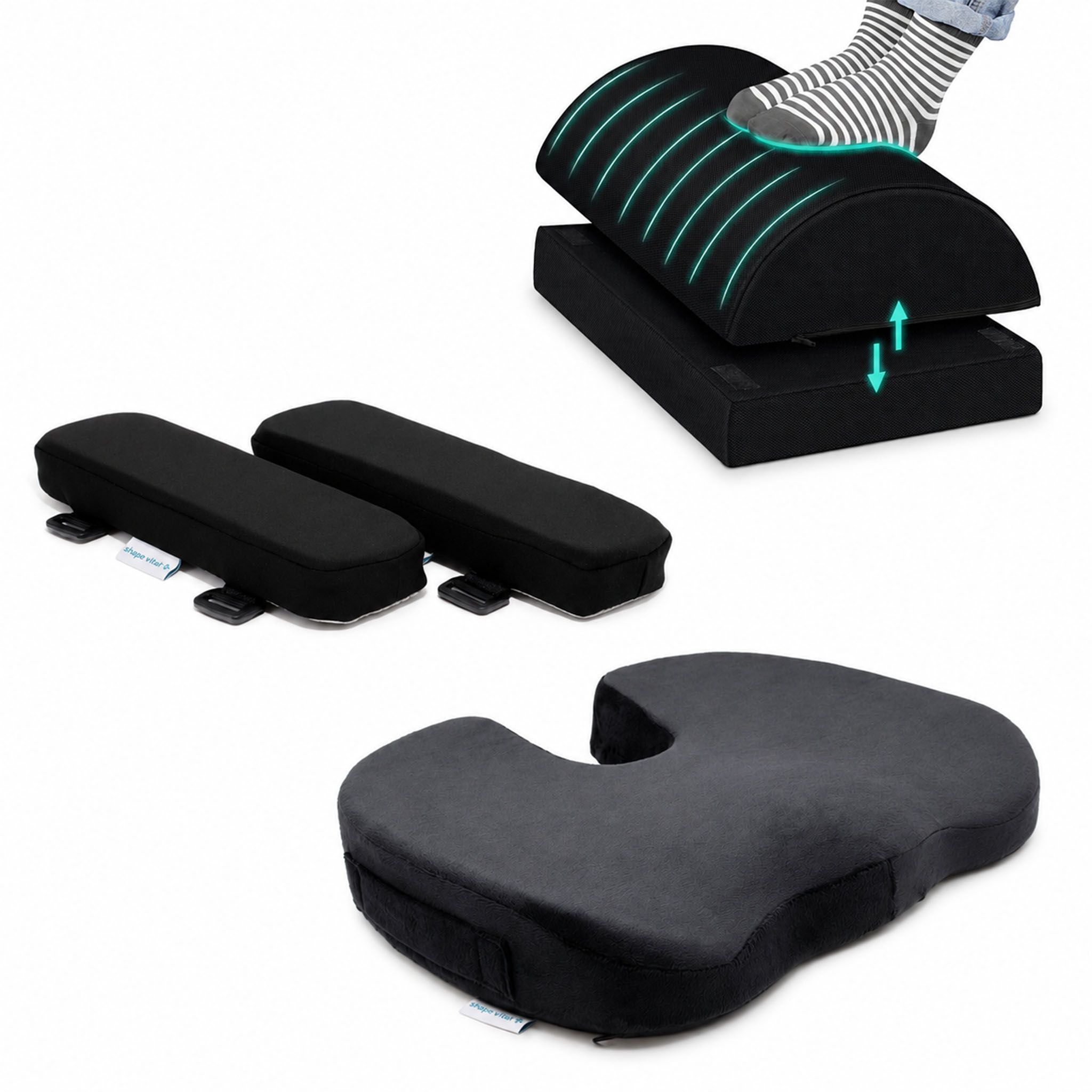 Ergonomisches 3-teiliges Set: Sitzkissen, Fußstütze und Armlehnenauflagen.