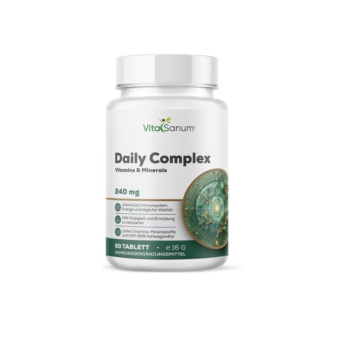 Weiße Flasche mit VitaSanum Daily Complex Vitaminen & Mineralien, 60 Tabletten.