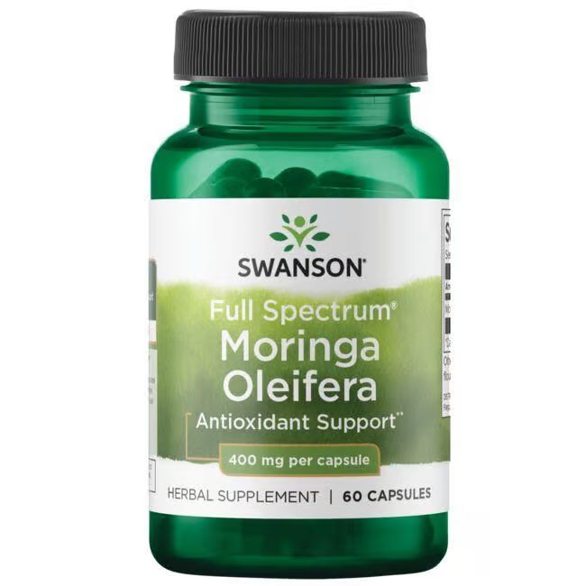 Grüne Flasche mit schwarzen Kapseln. Aufschrift: SWANSON Moringa Oleifera, 400 mg pro Kapsel, 60 Kapseln.