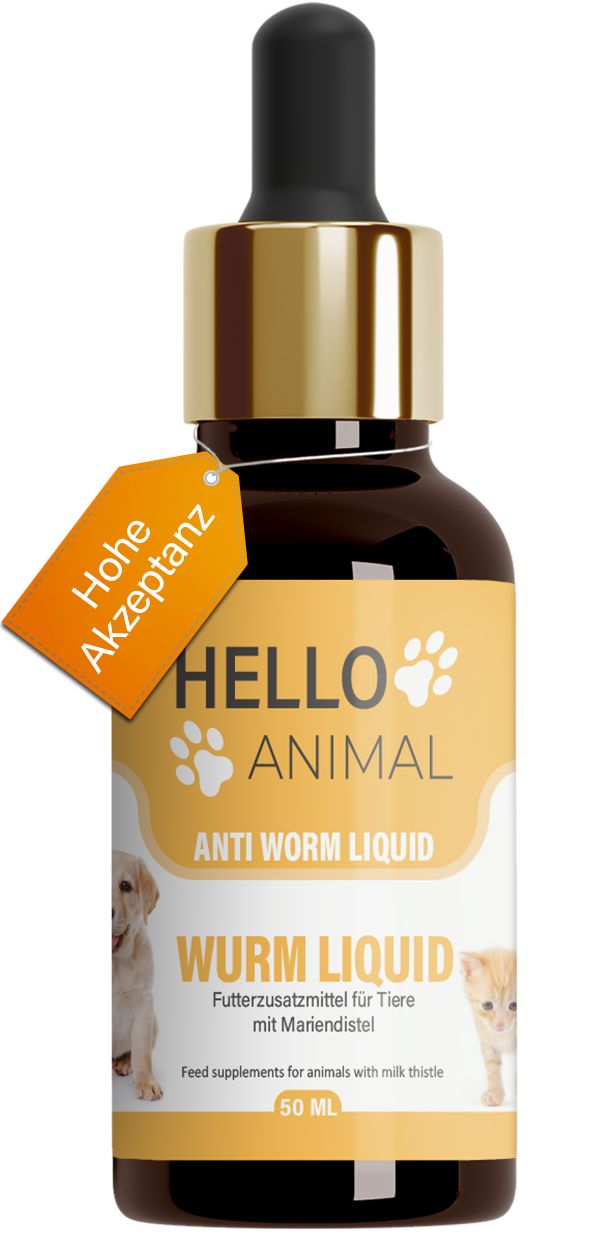 Braune Glasflasche mit Pipette und Anhänger 'Hohe Akzeptanz'. Text: Hello Animal, Anti Wurm Liquid, 50 ml.