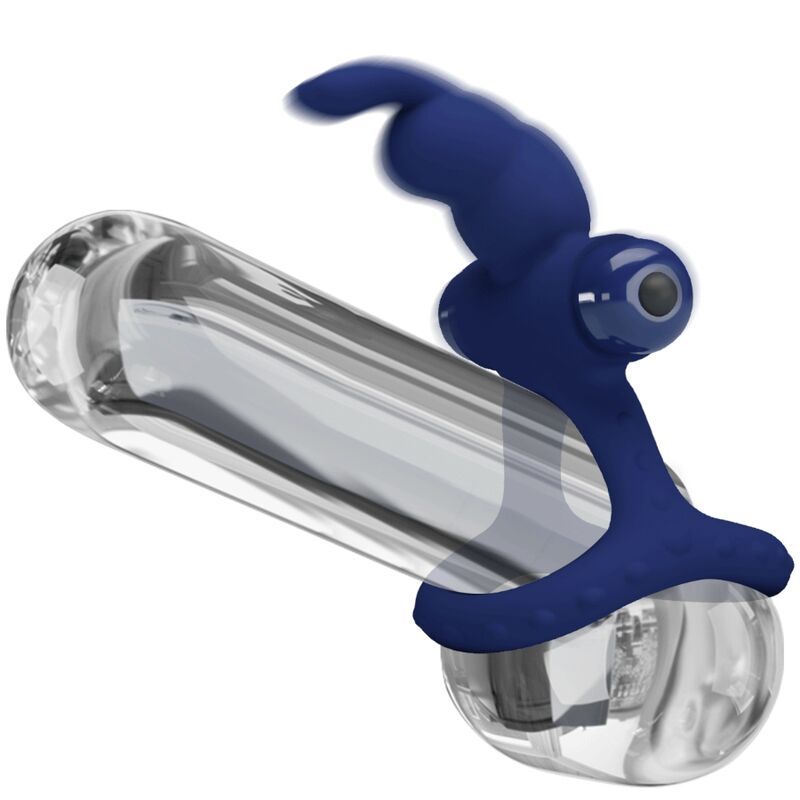 Blauer Vibrator mit Hasenohren-Design und Ring. Zwei runde Vibrationsköpfe. Transparente Hülse.