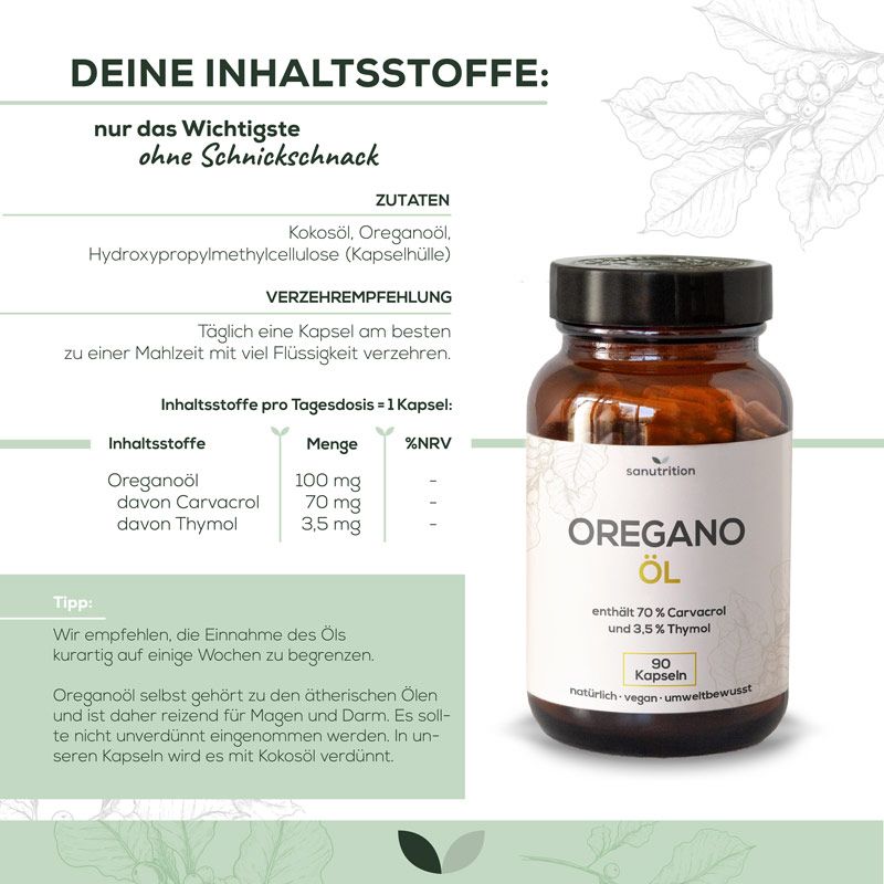 Glasflasche mit Produktetikett. Aufschrift: Oregano Öl. Inhaltsstoffliste und Verzehrempfehlung.