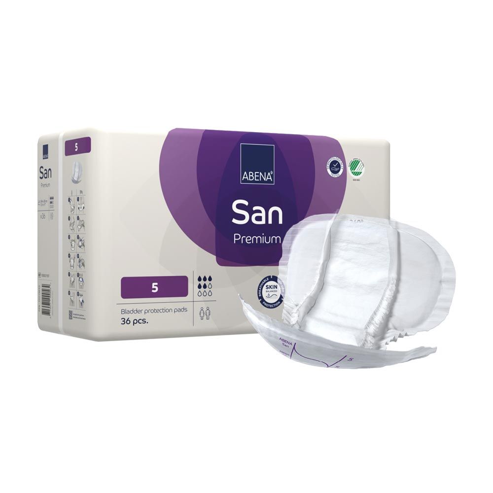 Verpackung mit "ABENA San Premium" und "5". 36 Stück. Vorlage daneben. Logo und Zertifizierung.