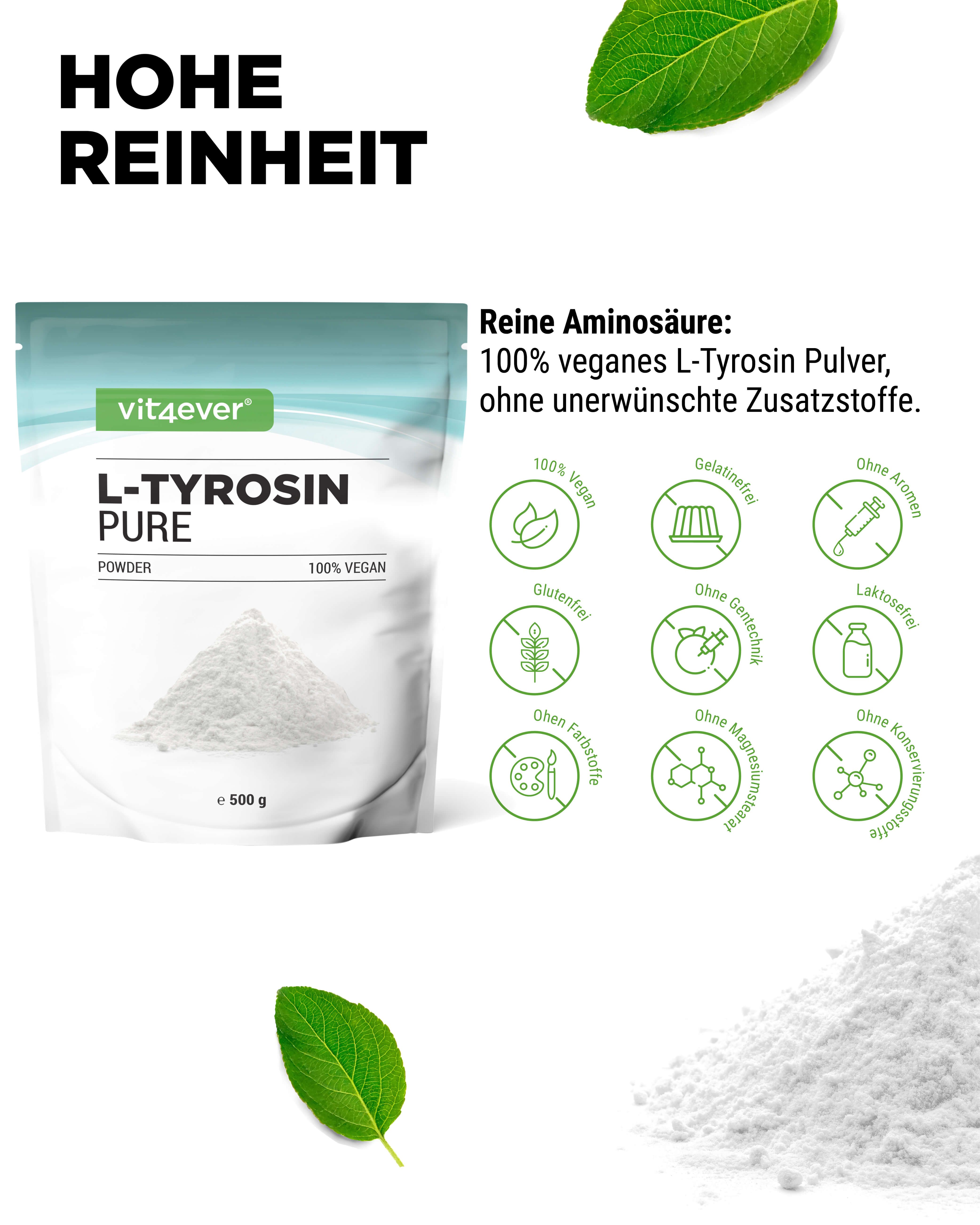 Vit4ever L-Tyrosin Pure Pulver in Beutel. Text: Hohe Reinheit. 100% vegan, ohne Zusatzstoffe. Icons: glutenfrei, ohne Aroma, etc.