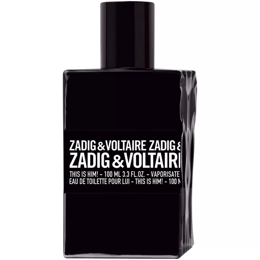 Schwarzer Flakon. Aufschrift: ZADIG & VOLTAIRE THIS IS HIM! Eau de Toilette pour lui.