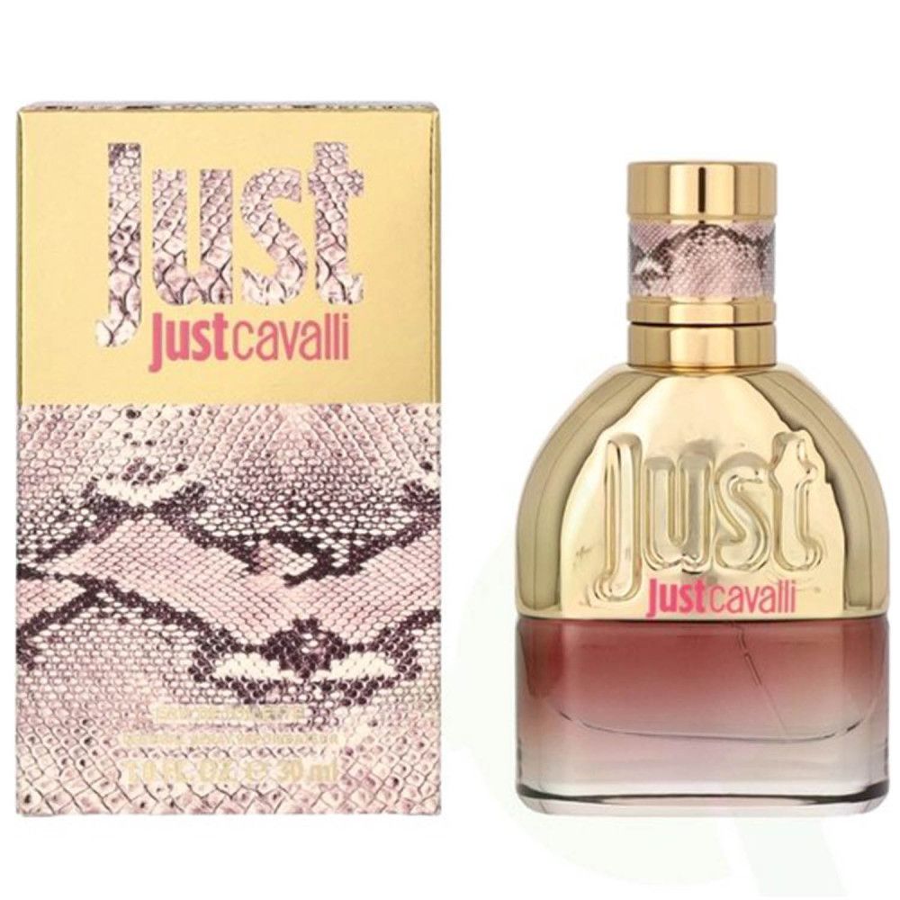Parfümflakon und Verpackung. Flakon mit goldfarbenem Verschluss und rosafarbenem Farbverlauf. Verpackung mit Aufschrift "Just Justcavalli".