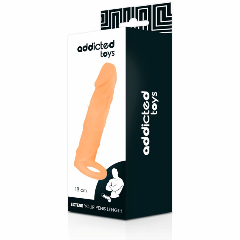 Dildo in Verpackung. Orangefarben, mit Ring. Verpackung mit Logo und Text: Addicted Toys, 18 cm, Extend Your Penis Length.