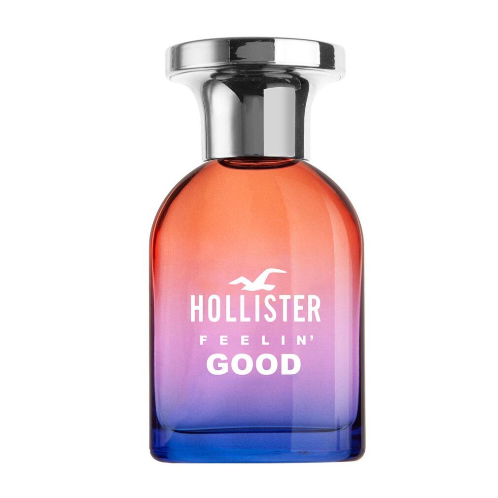 Farbverlauf-Glasflakon mit silbernem Verschluss. Aufschrift: HOLLISTER, FEELIN' GOOD. Logo: Möwe. Farbverlauf von Orange nach Blau.
