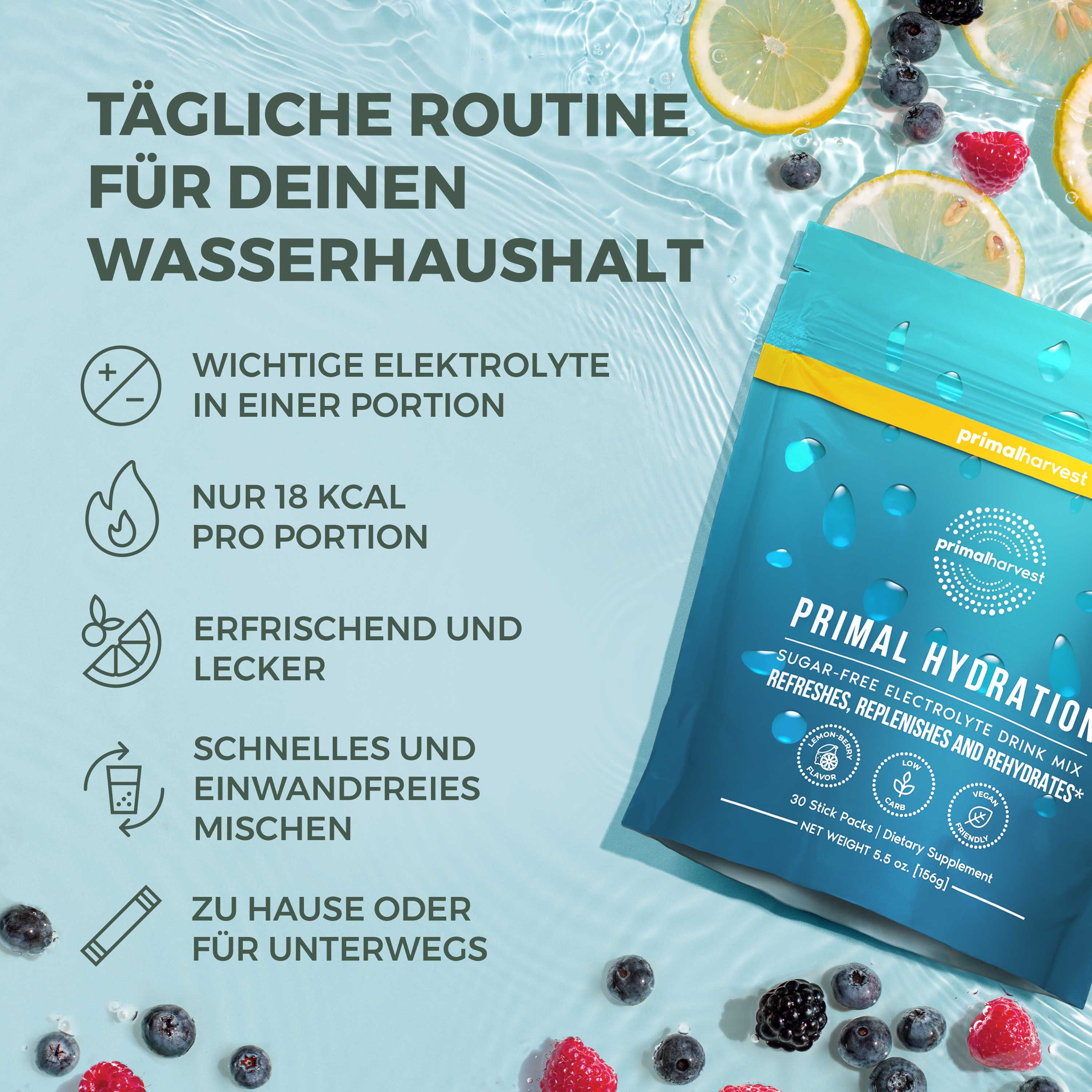 Primal Hydration Produktverpackung mit Früchten und Icons. Blaue Verpackung mit Produktnamen und Logos.