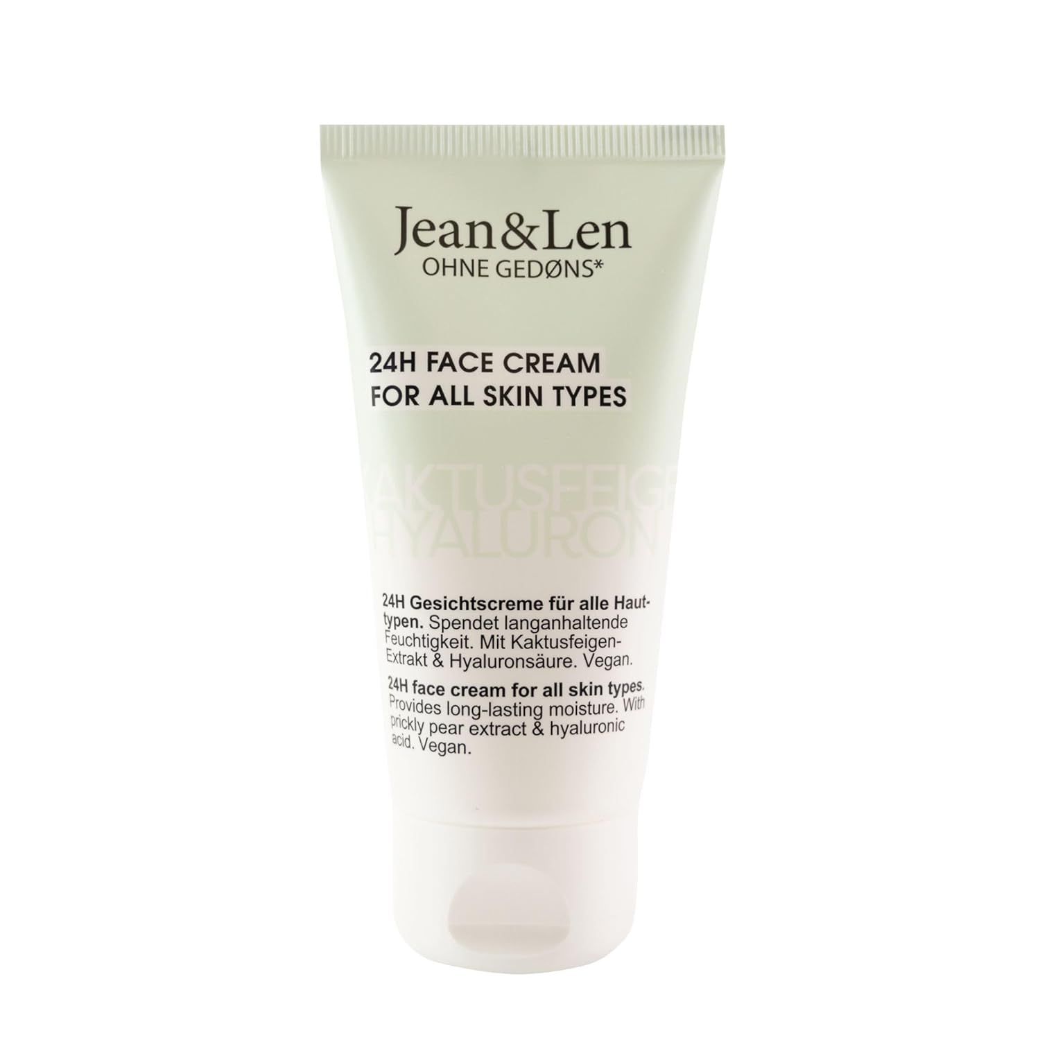 Creme-Tube mit Schriftzug. Text: 24H Face Cream, für alle Hauttypen. Kaktusfeige & Hyaluronsäure. Vegan.