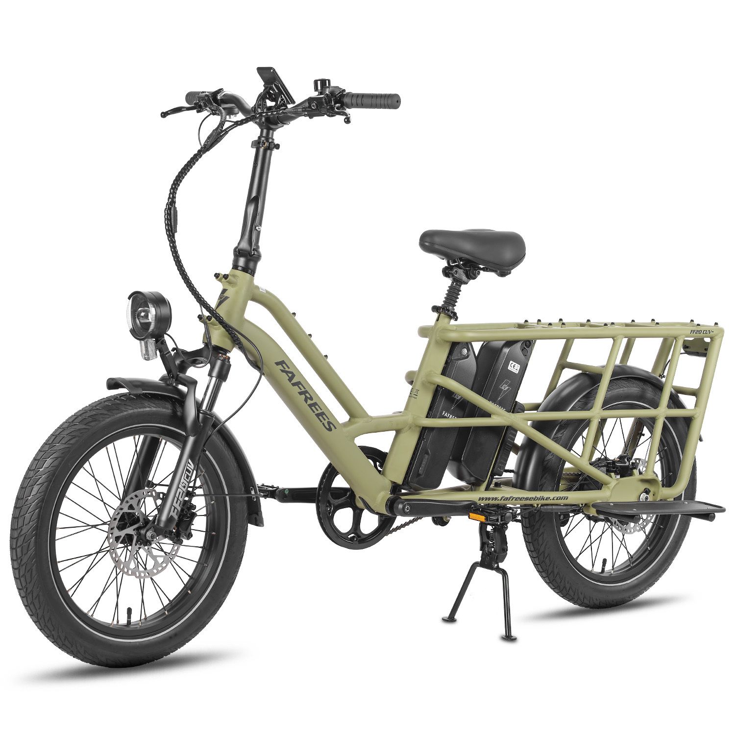 Grünes Fafrees FF20 CUV E-Bike. Gepäckträger, zwei Batterien, Rücklicht, schwarze Reifen und Sattel.