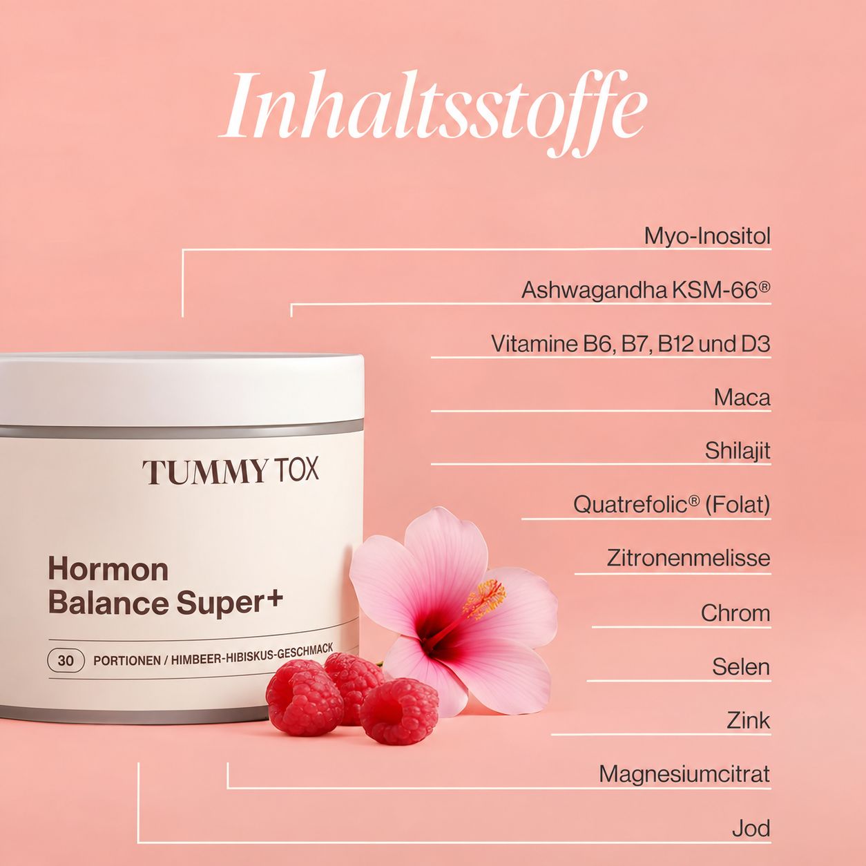 Behälter mit "Hormon Balance Super+" Nahrungsergänzungsmittel, umgeben von Beeren und einer Blüte.
