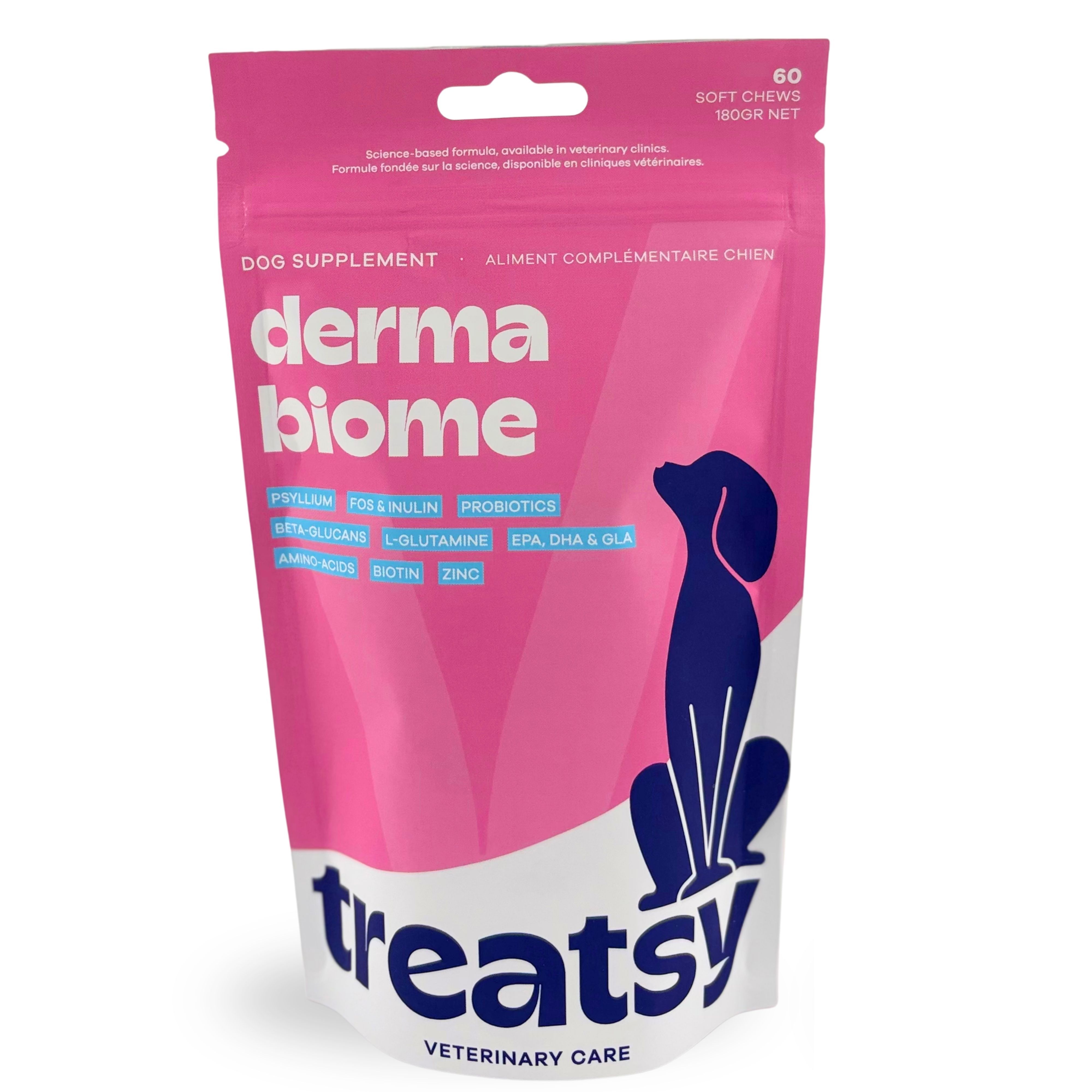 Rosa Beutel mit „derma biome“ und „Treatsy“. Enthält 60 Soft Chews. Hundesilhouette.