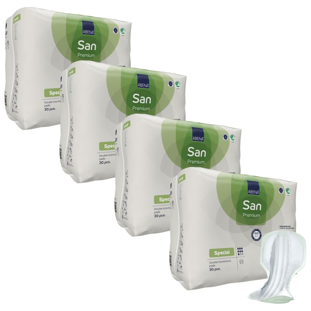 Vier Packungen Abena San Premium Special. Jede Packung enthält 30 Stück. Ein Produkt ist teilweise sichtbar.