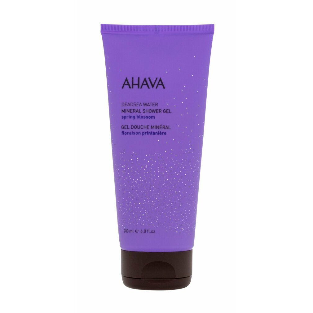 Lila Tube mit AHAVA-Schriftzug. Text: DEADSEA WATER Mineral Shower Gel Spring Blossom. Brauner Deckel. 200 ml.
