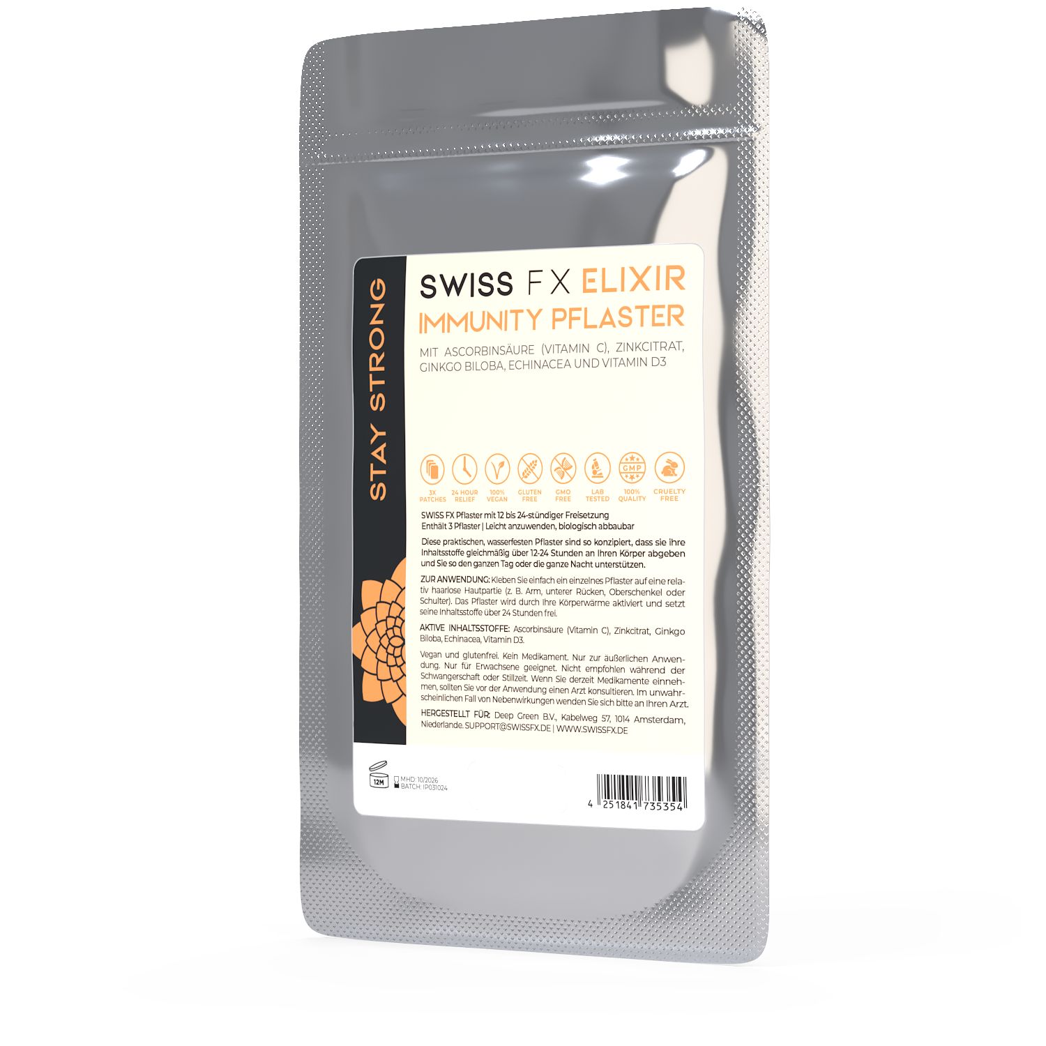 Verpackung mit Aufschrift "SWISS FX ELIXIR IMMUNITY PFLASTER". Enthält Vitamin C, Zink, Gingko Biloba, Echinacea und Vitamin D3. Silberne Folienverpackung.