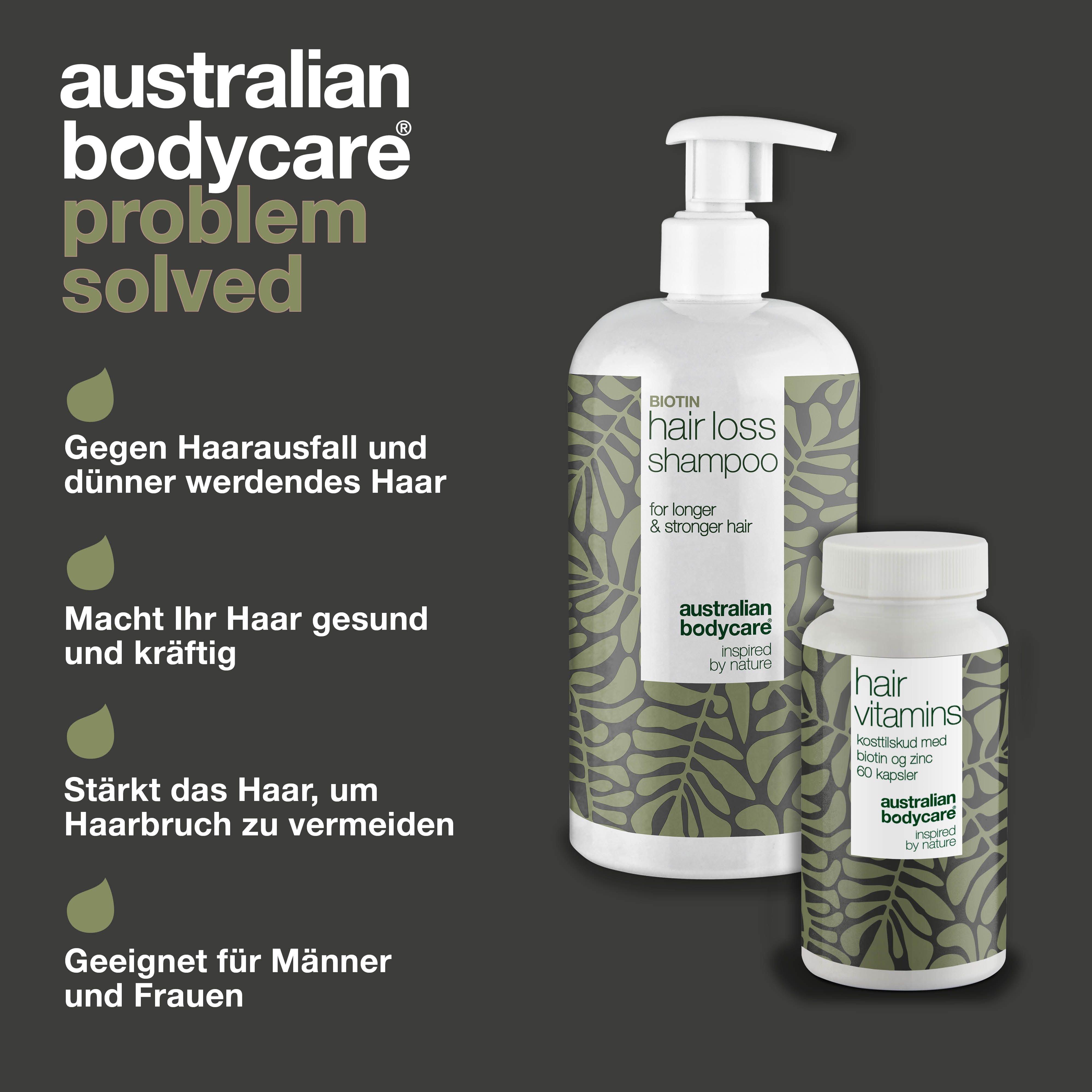 Haarausfall-Lösung. Shampoo- und Vitamin-Flaschen. Text: Hair Loss Shampoo, Hair Vitamins. Marke: Australian Bodycare.