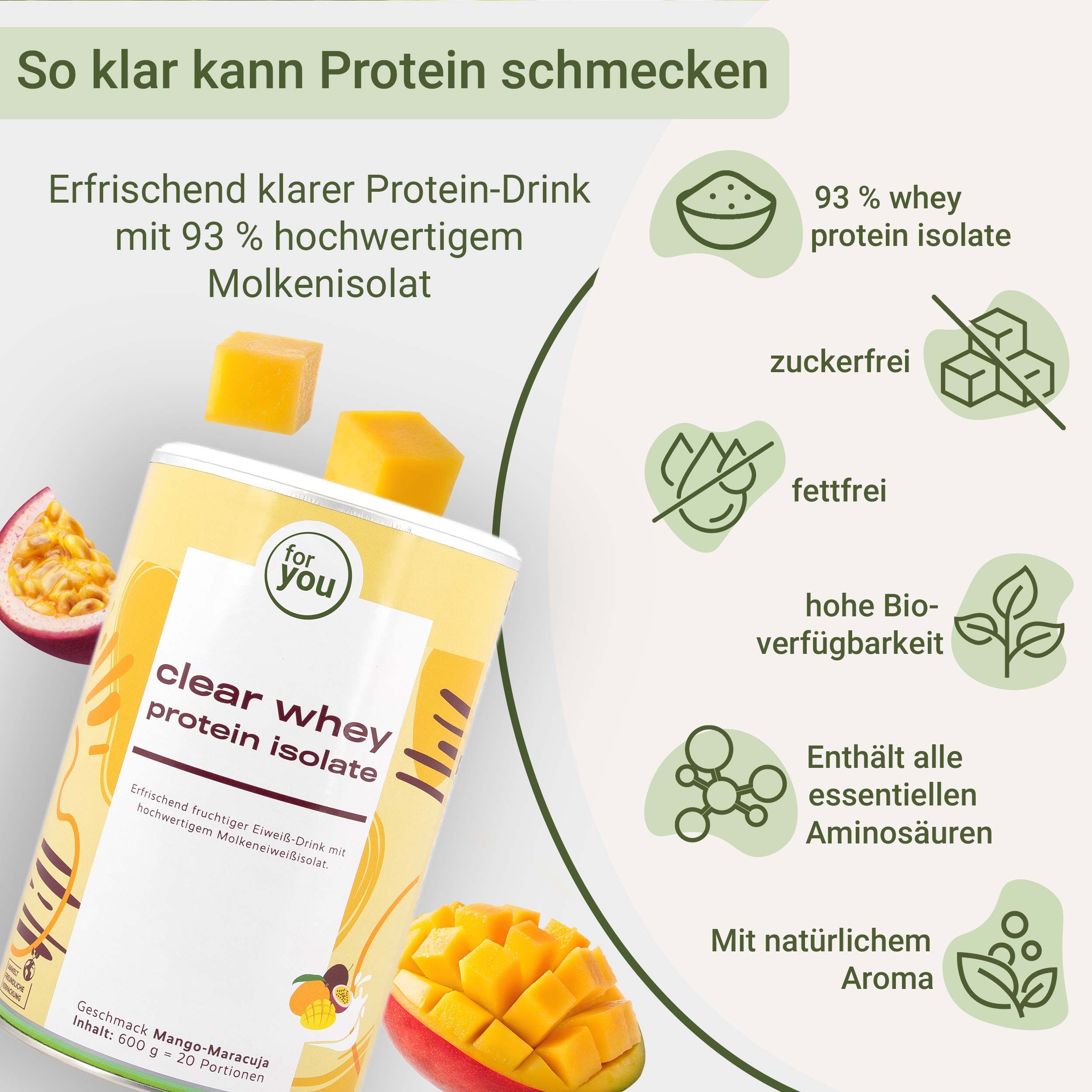 Dose Clear Whey Protein Isolate Mango-Maracuja. Liste der Vorteile: 93% Molkenisolat, zuckerfrei, fettfrei.