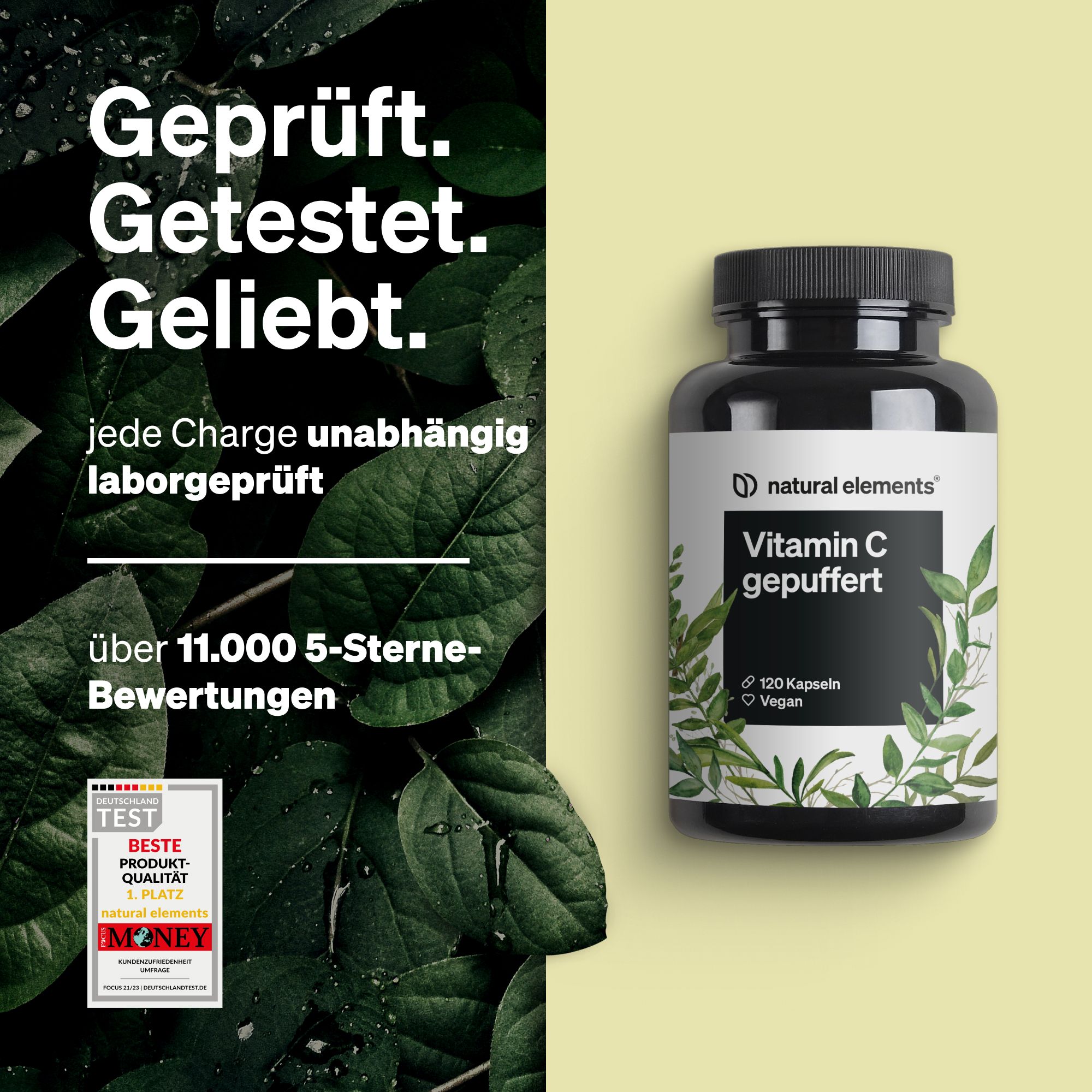 Schwarze Flasche mit weißen Etikett. Aufschrift: Vitamin C gepuffert, 100 Kapseln, Vegan. Marke: natural elements. Zertifizierung: Beste Priority-Qualität.