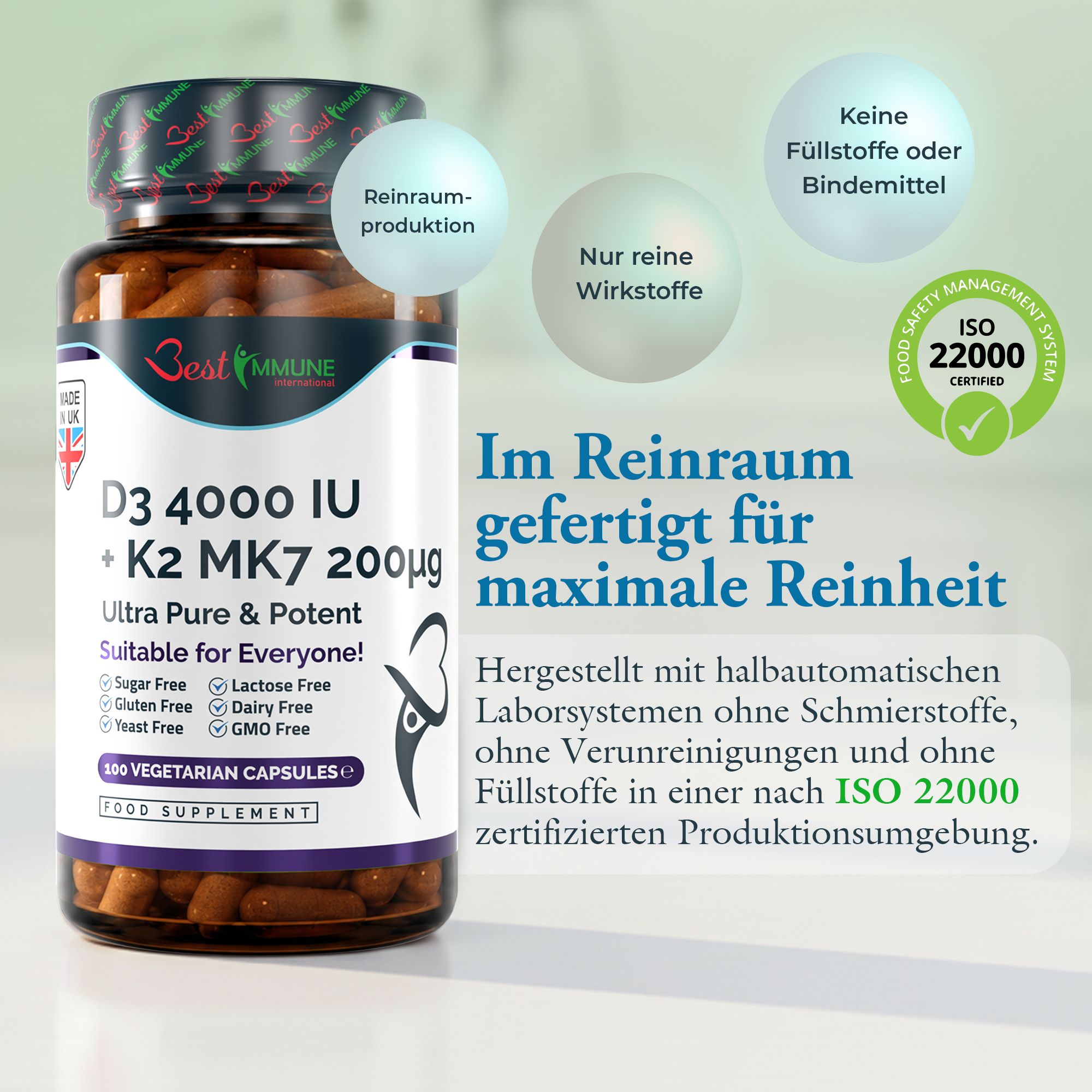 Flasche mit Vitamin D3 + K2 MK7 Kapseln, ISO 22000 zertifiziert, hergestellt in Reinraum.